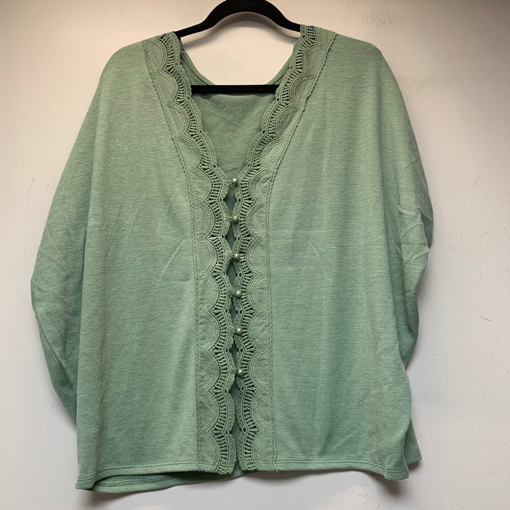 Francesca's Knit Top Women Large Sage Green Excellent Crochet Lace Boho ARC0064